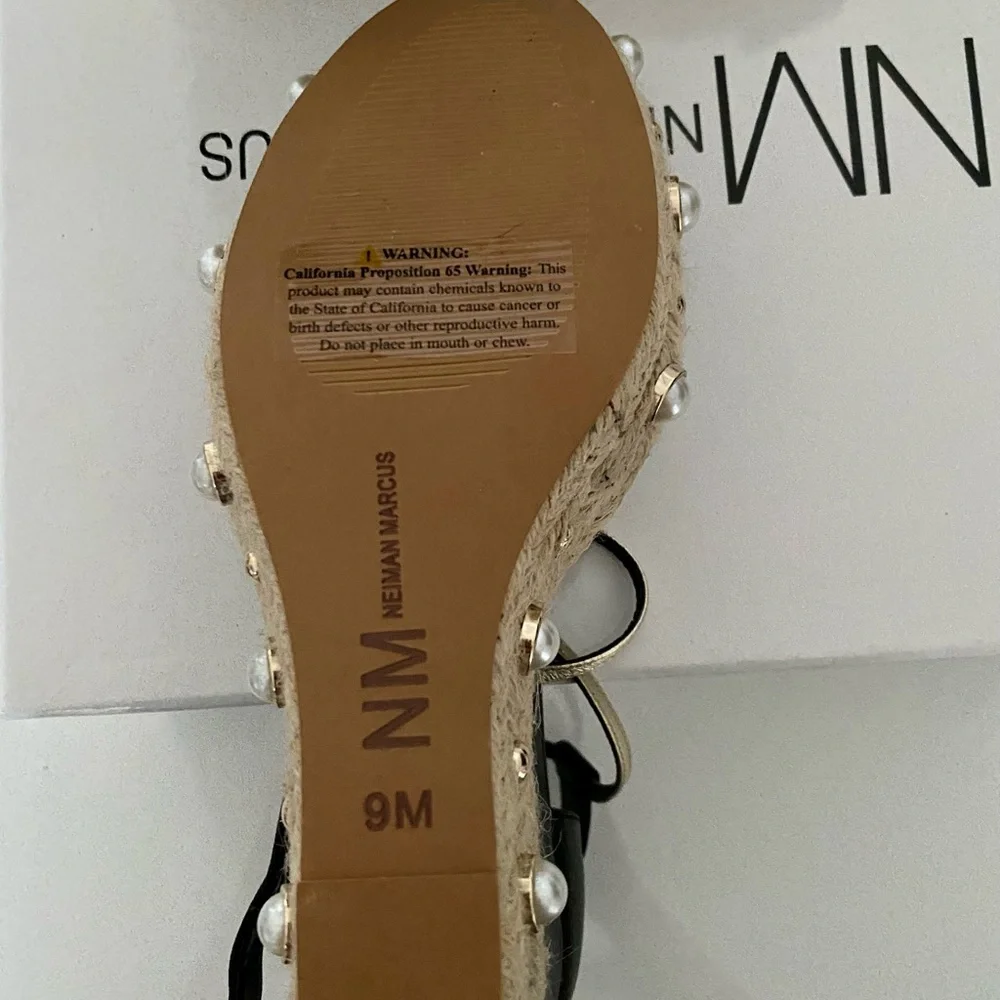 Neiman Marcus Luxy Pearls Wedges Sandals  Black/ Gold